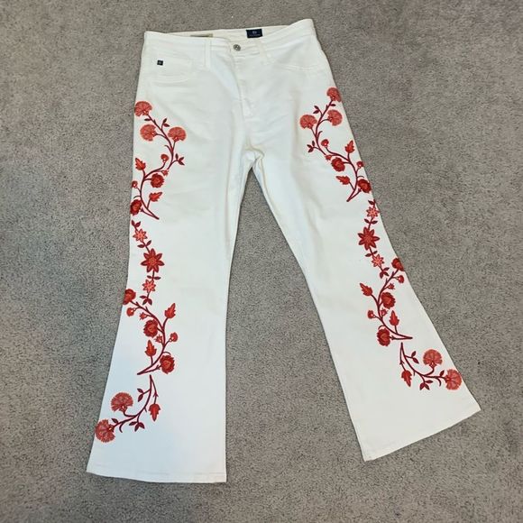 AG Adriano Goldschmied Jodi Embroidered Flare-Leg Cropped Jeans, White - Picture 3 of 5